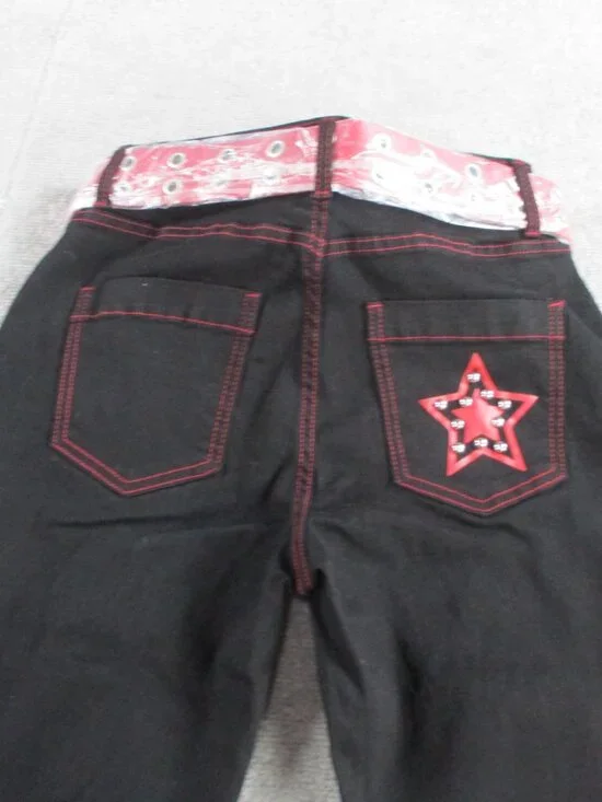 Social Collision Jeans Size 5 Red Star Studded Black Flare Belted Goth Y2K NWT - Picture 5 of 12